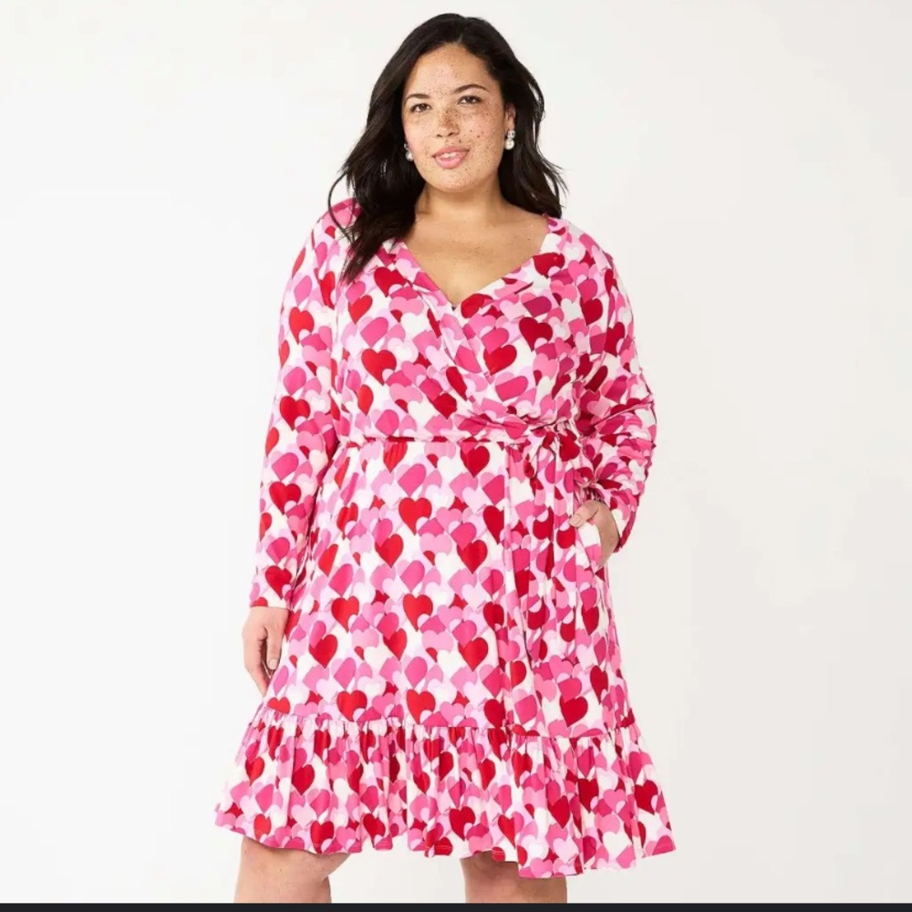 Draper James RSVP Heart Print Long Sleeve Faux Wrap Tiered Dress, New with Tags